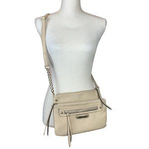Nicole Miller New York Faux Leather Crossbody Bag Taupe Beige Chain Strap Zip
